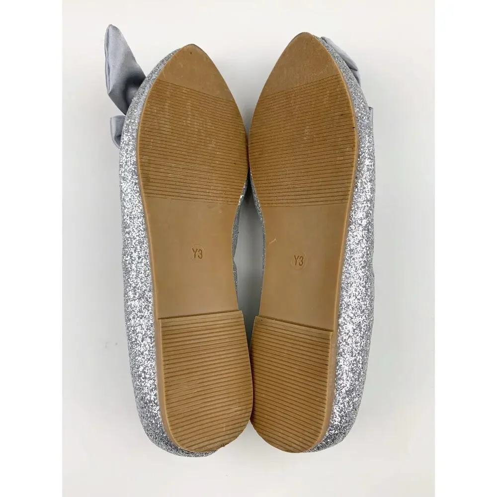 Joyfolie Silver Glitter Penny Flats Slip On Dress Shoes Satin Bow Youth Girls 3